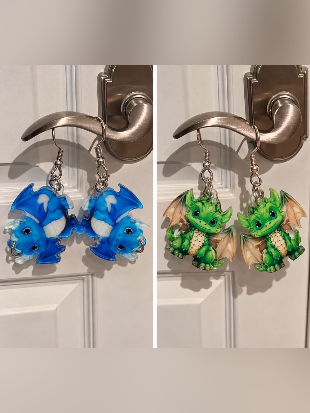 Set of 2 Playful Dragon Dangle Earrings in Blue & Green